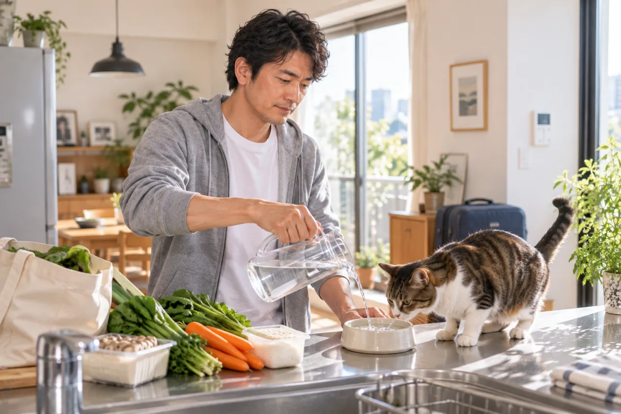 短い散歩と買い物から戻り、野菜と豆腐を置く裕介さんと猫