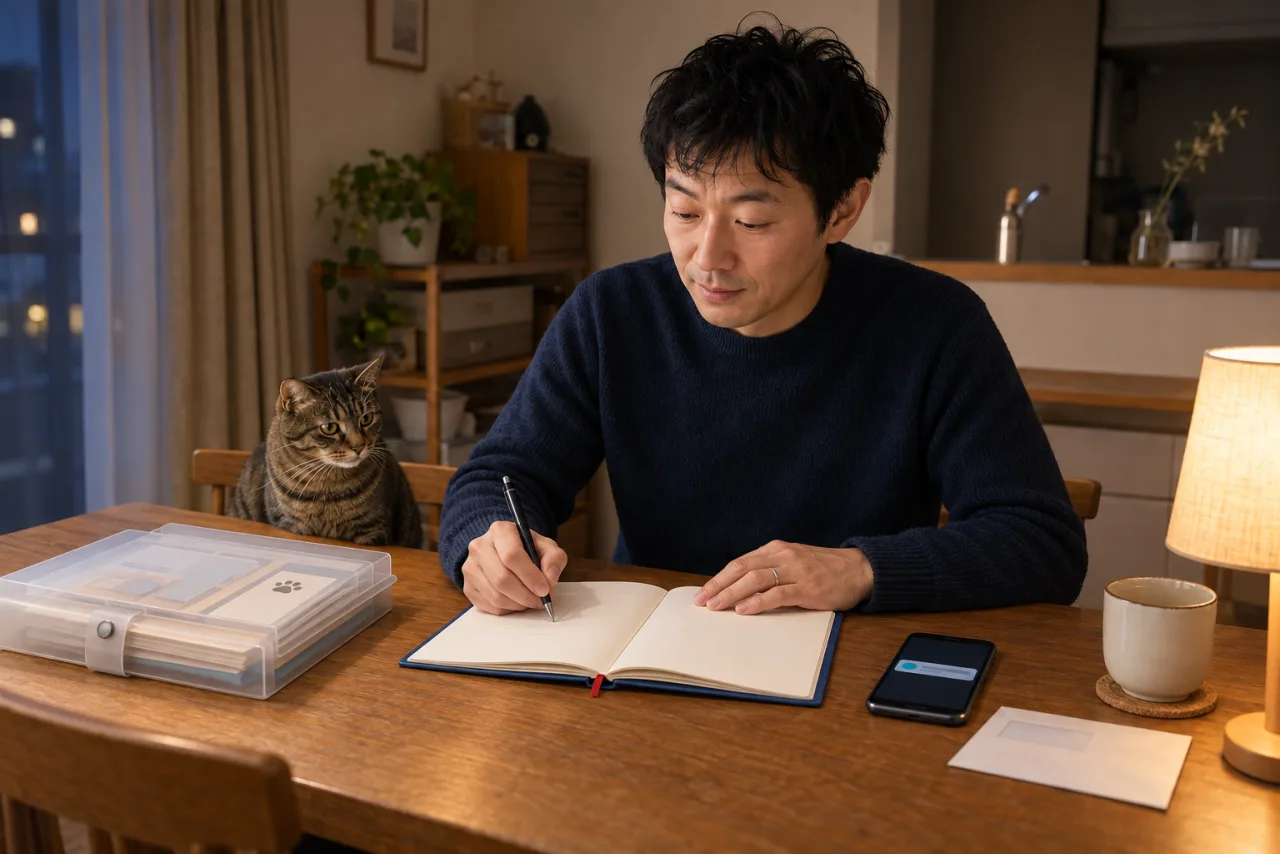猫の通院記録の横に自分の受診記録ノートを置く裕介さん
