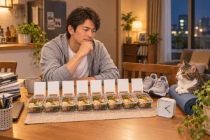 七日分の弁当と運動用品を前に完璧な一週間を考える裕介さんと猫