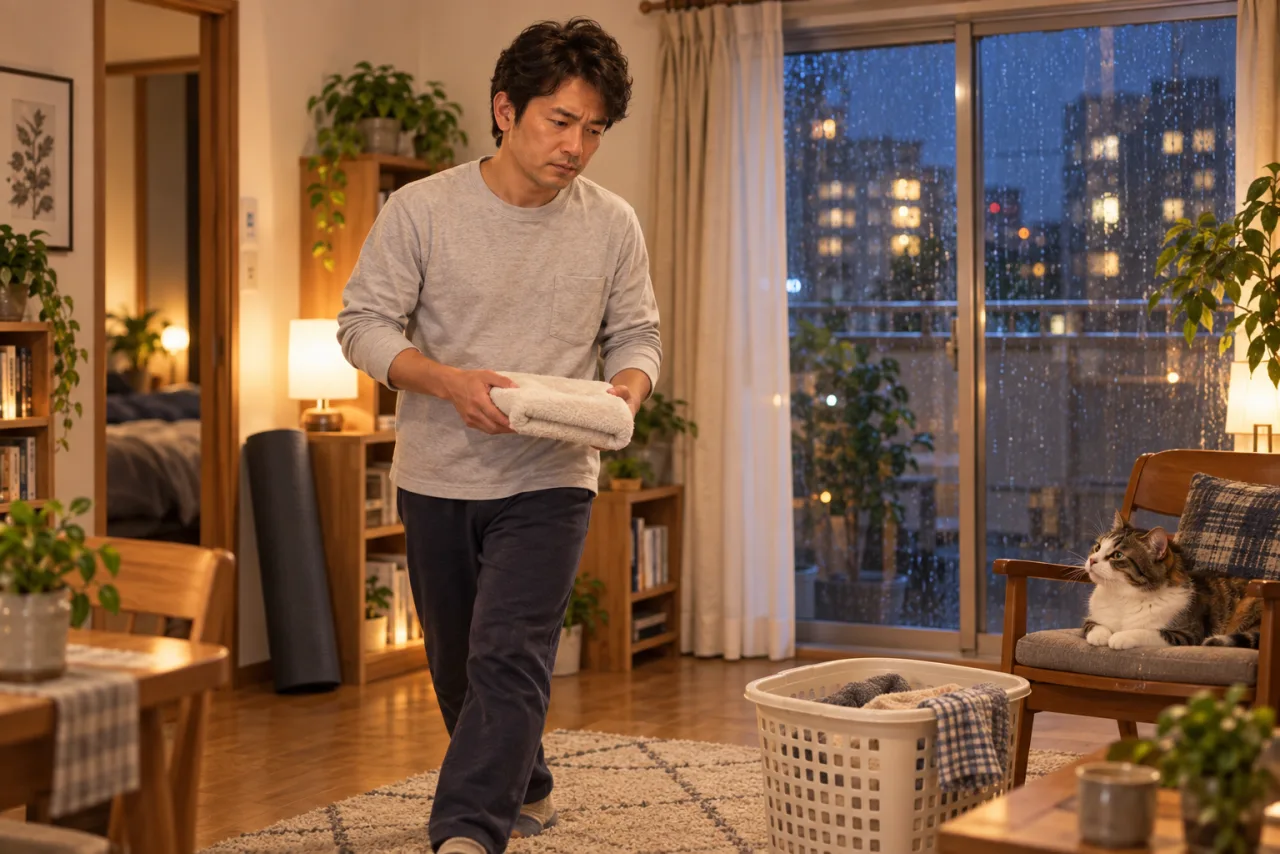 雨の夜、洗濯物を運びながら部屋を歩く裕介さんと猫