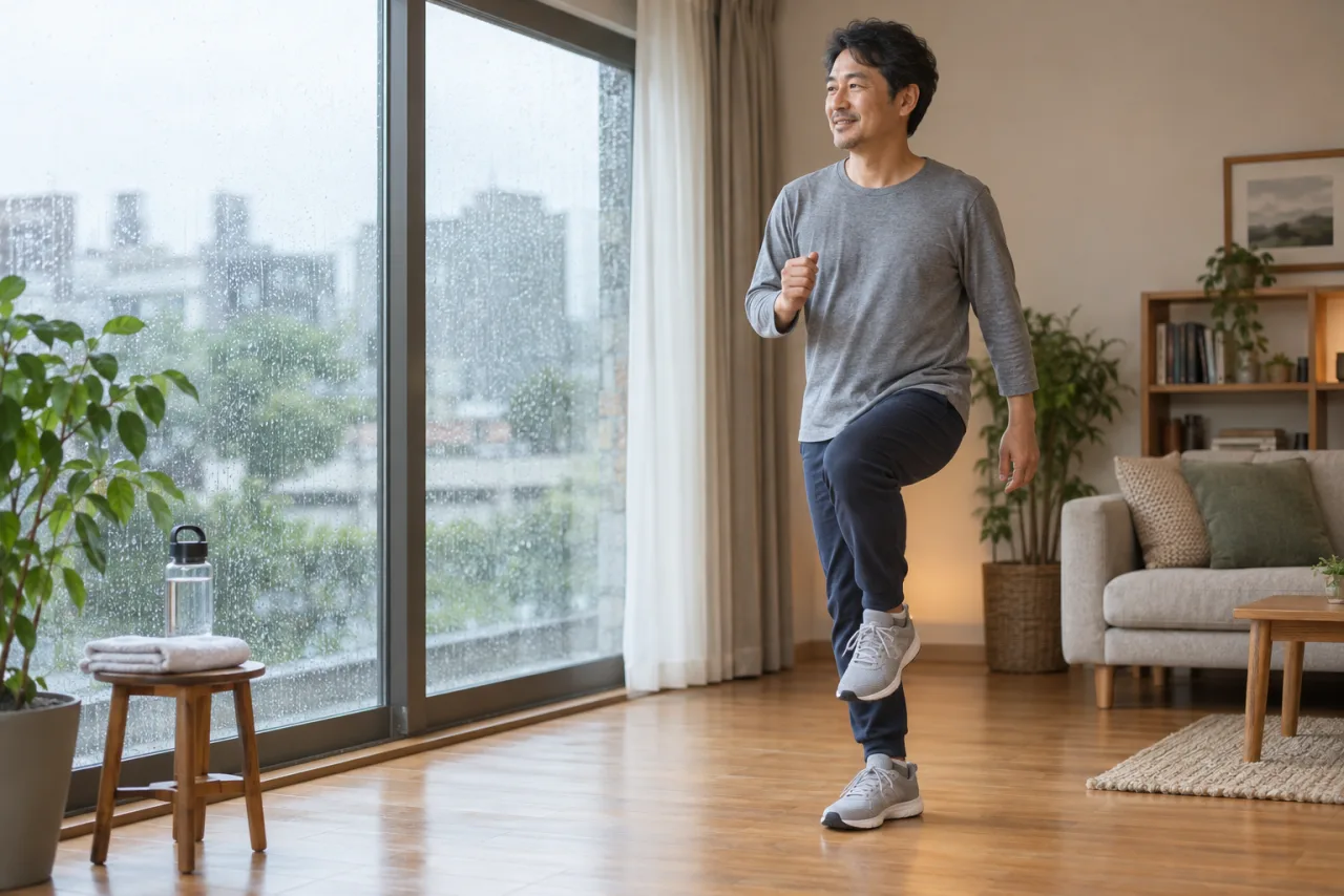 雨の日に室内で足踏みをする裕介さん