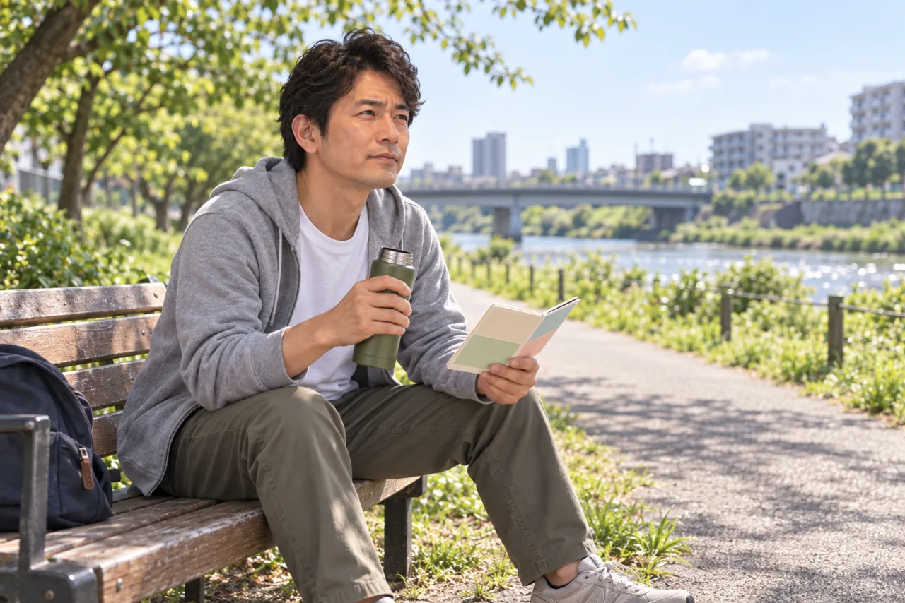 川沿いのベンチで水分をとり、体調を確認する裕介さん