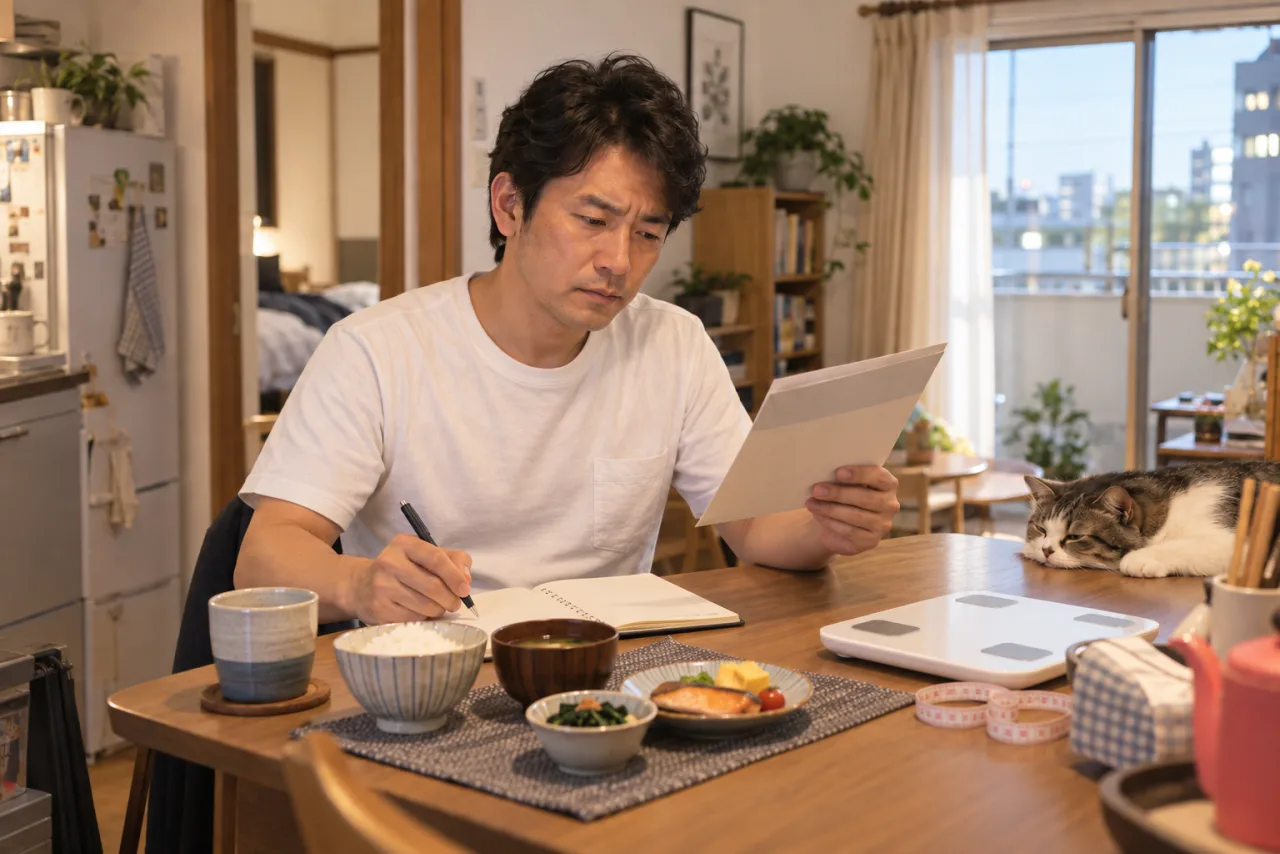 朝食の横で一週間の生活記録を書き始める裕介さん