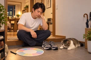 玄関で新品の歩く靴と一週間の円形カードを見る裕介さんと猫