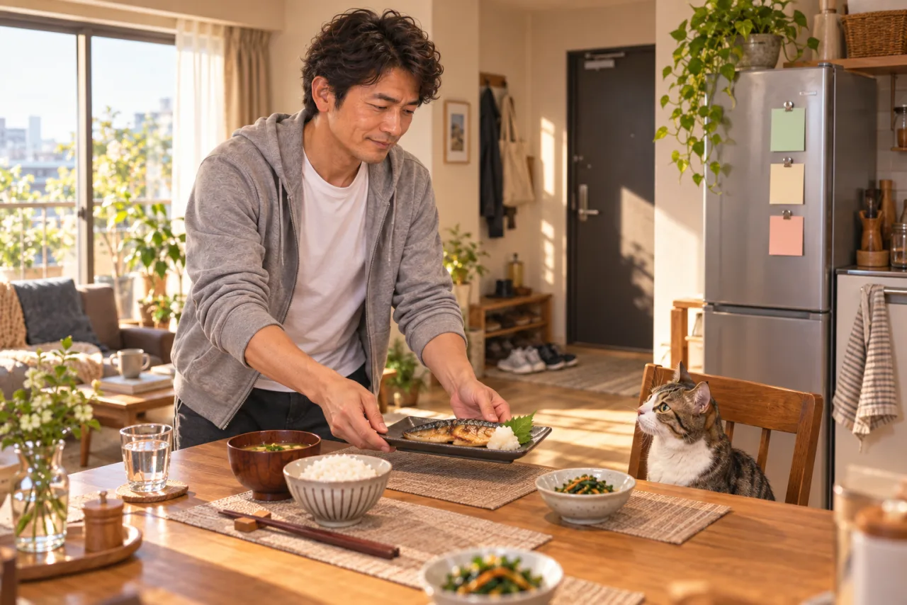 短い散歩の後、普通の夕食を食卓へ置く裕介さんと猫