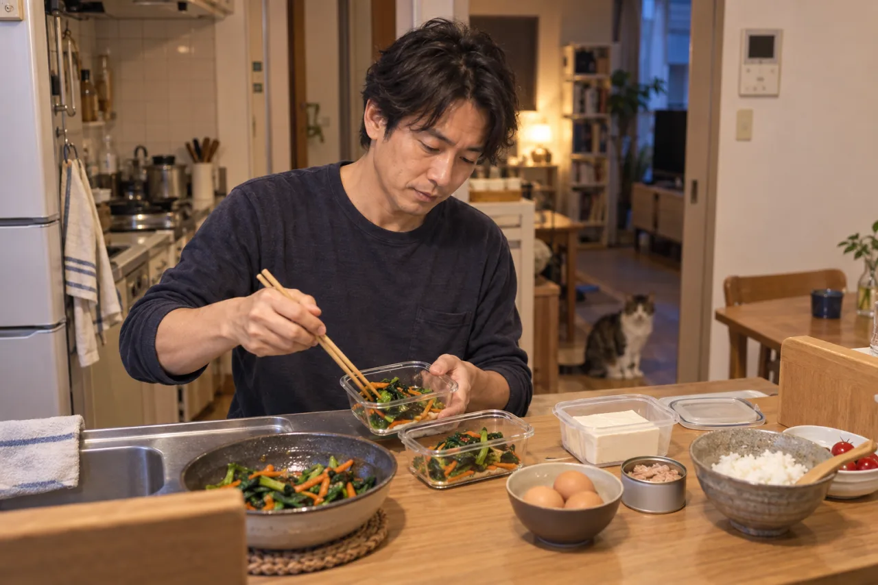 遅い帰宅日に備えて少量の食材を準備する裕介さん