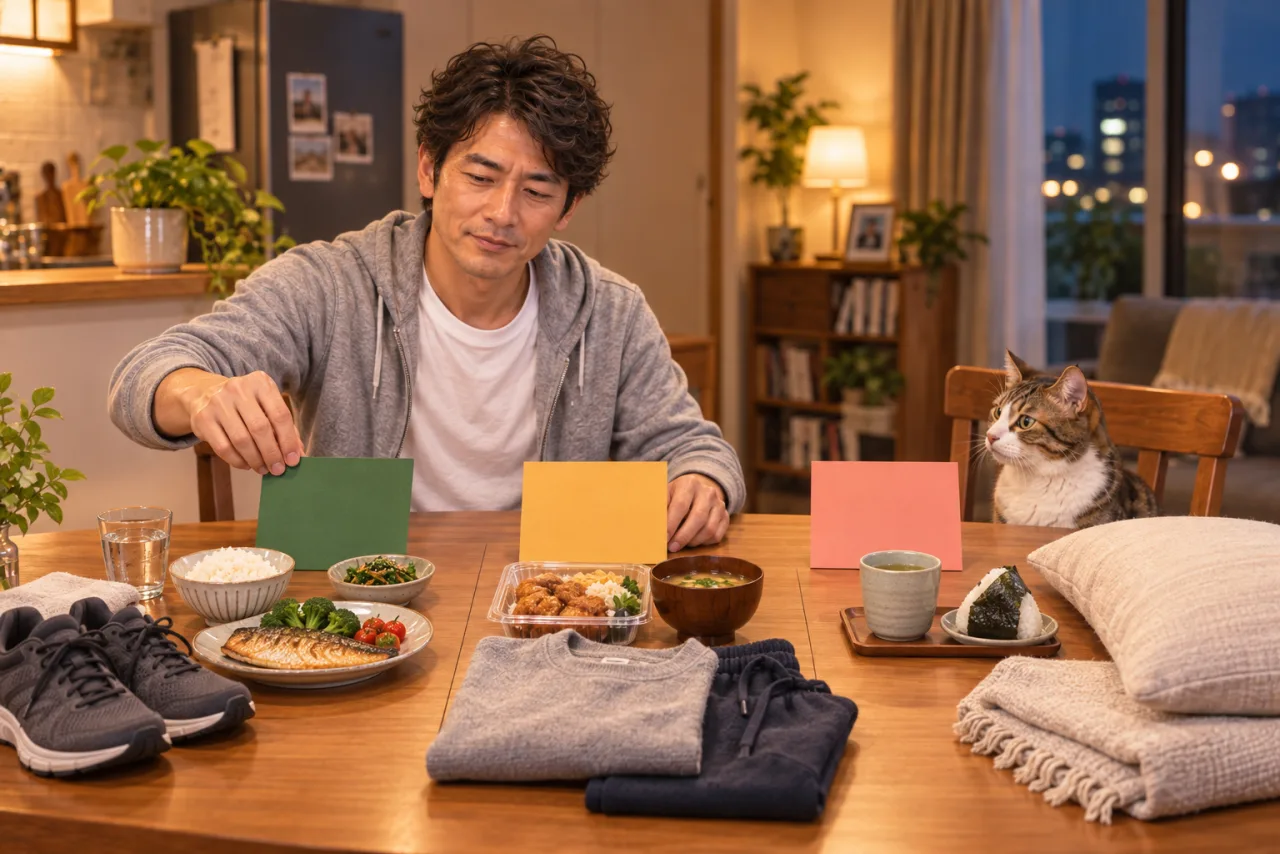 食事、歩く靴、休息を三色のカードへ分ける裕介さんと猫