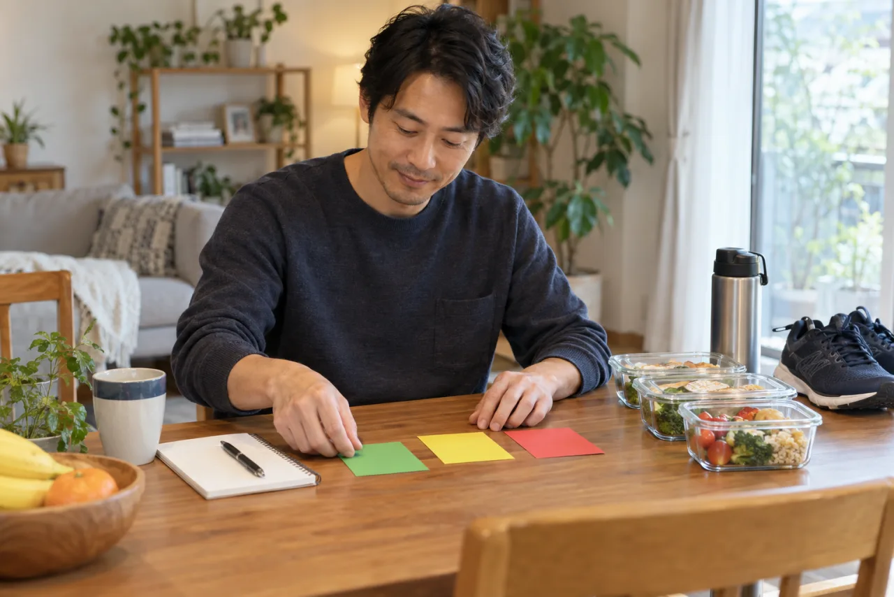緑・黄・赤の計画カードを並べる裕介さん