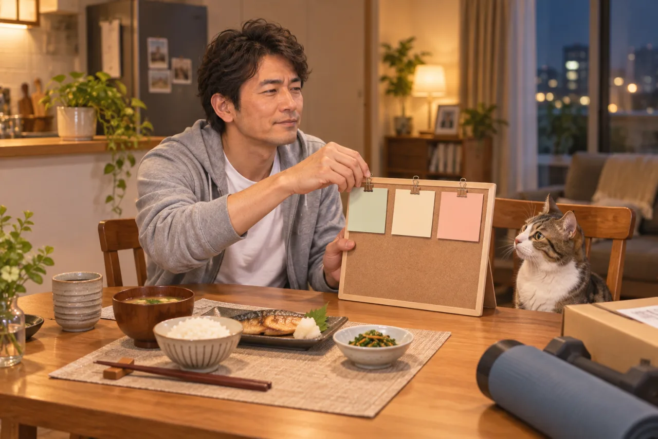 普通の夕食の横で三枚の再開カードをボードへ留める裕介さん