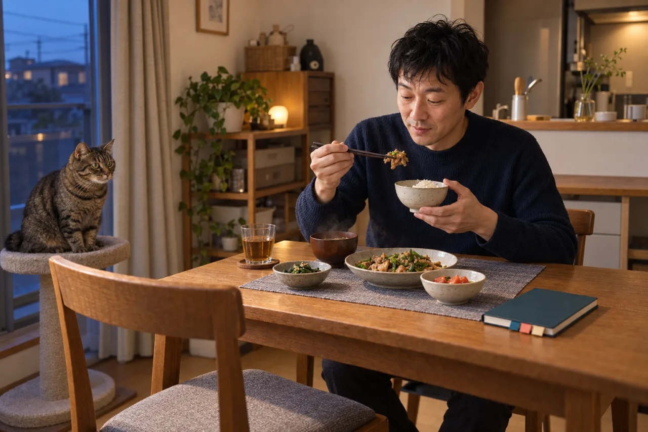 猫のいる食卓で二つの椅子を残し夕食を始める裕介さん