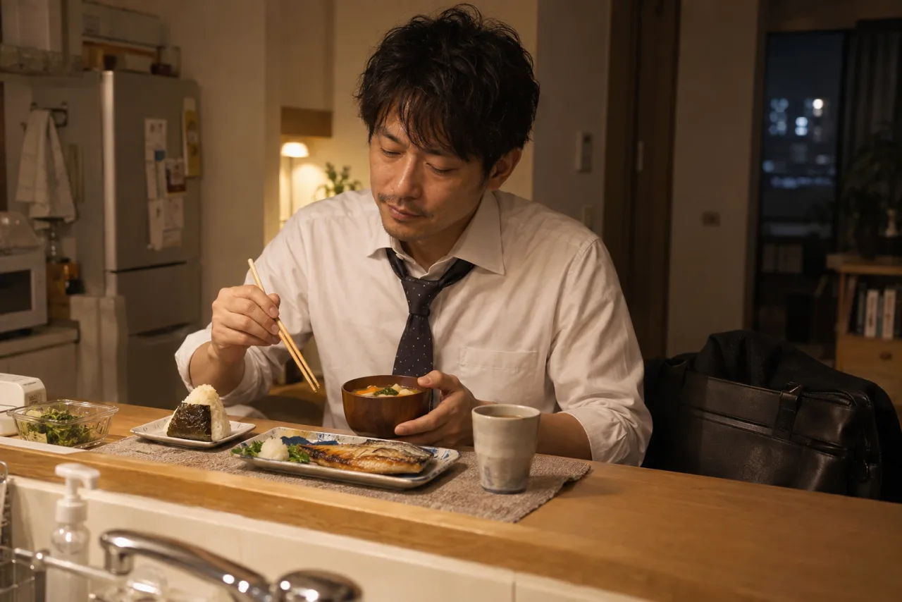 遅い夜にバランスを考えて食事を選ぶ裕介さん