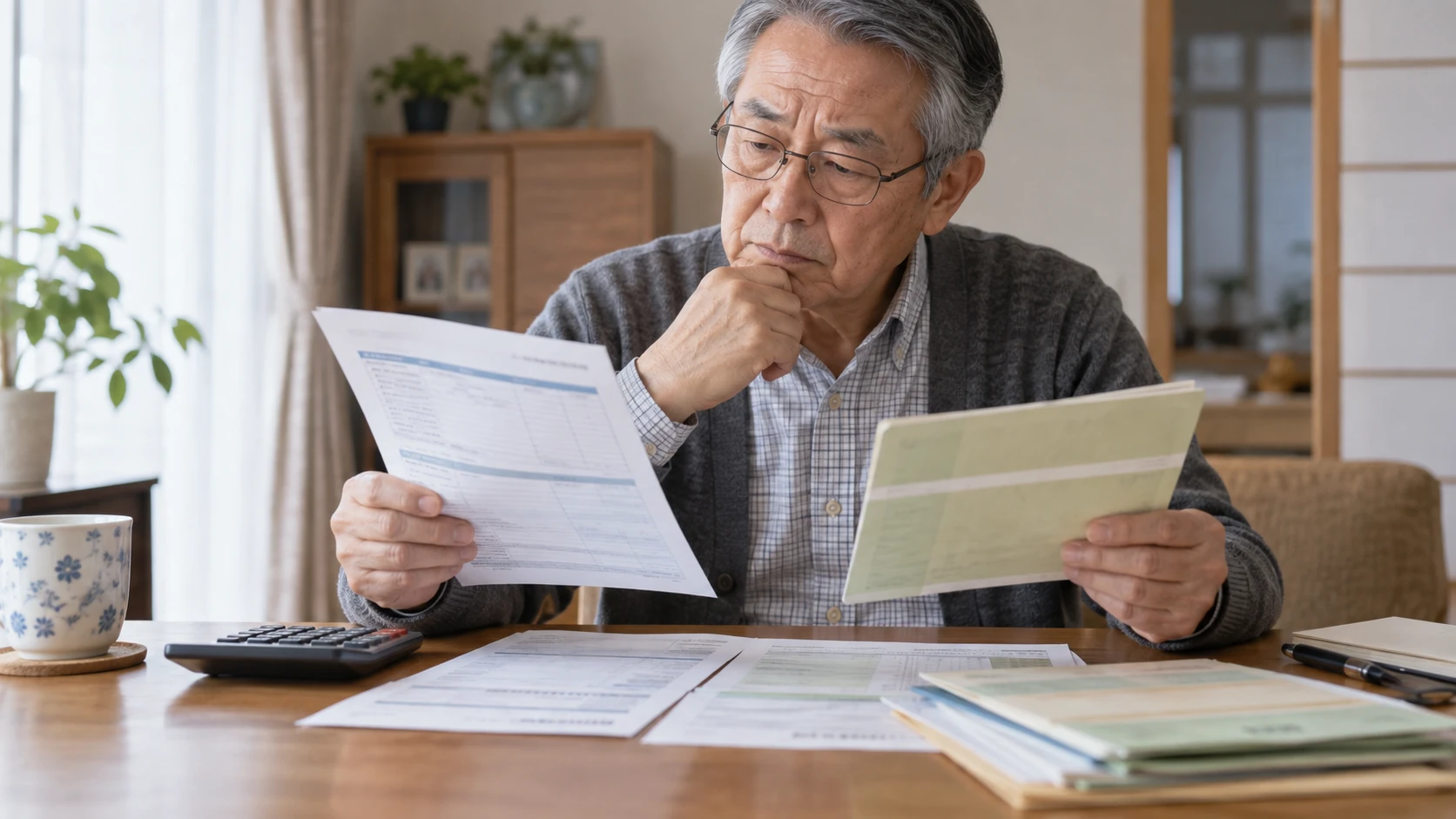 仕事の給与条件と年金の資料を並べて確認している様子