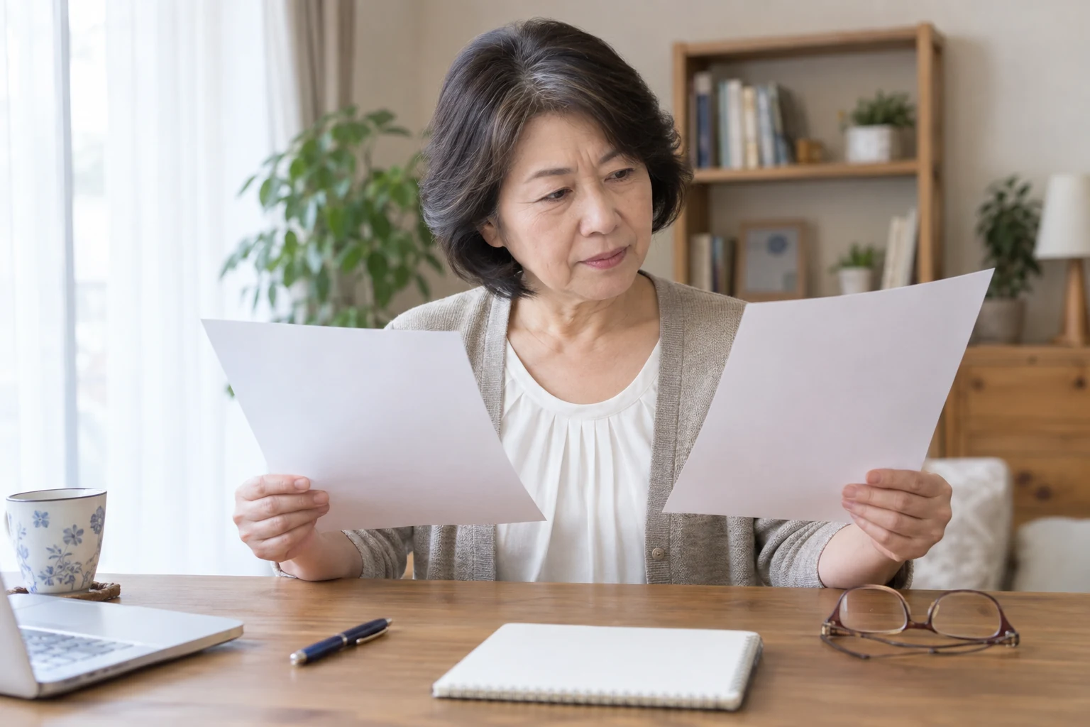 日本人女性がドライバー求人票と労働条件通知書を照合する