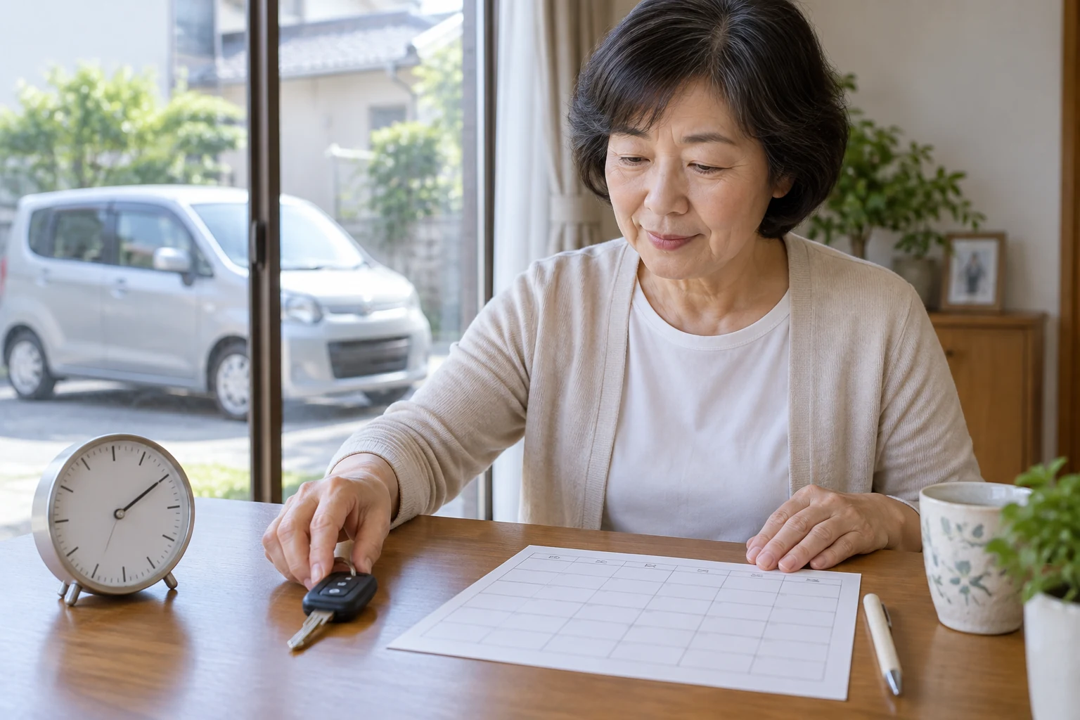 日本人女性が送迎ドライバーの勤務時間と休憩を一日の表で確認する