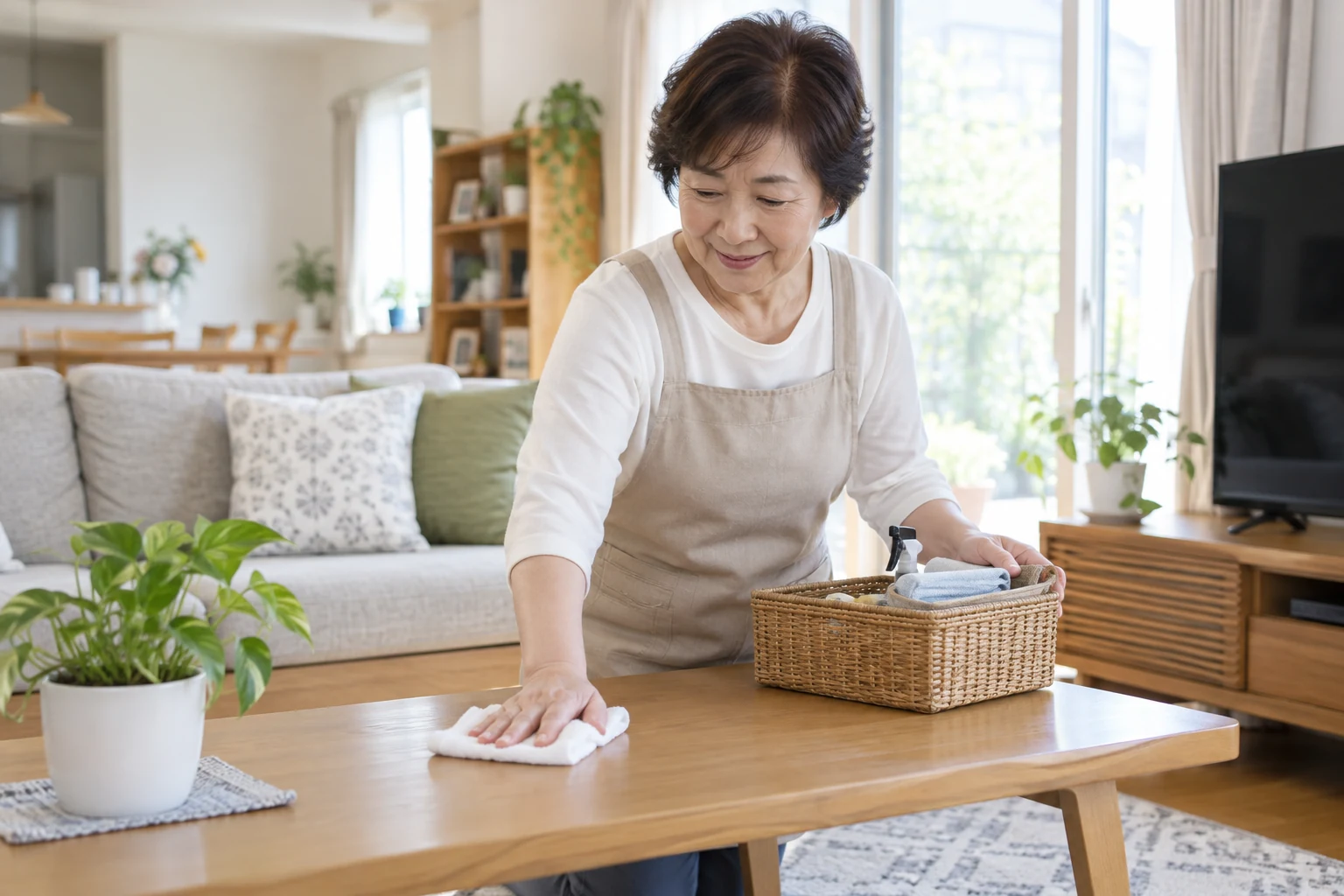 依頼先で家事援助の掃除と片付けを行っているシニア女性