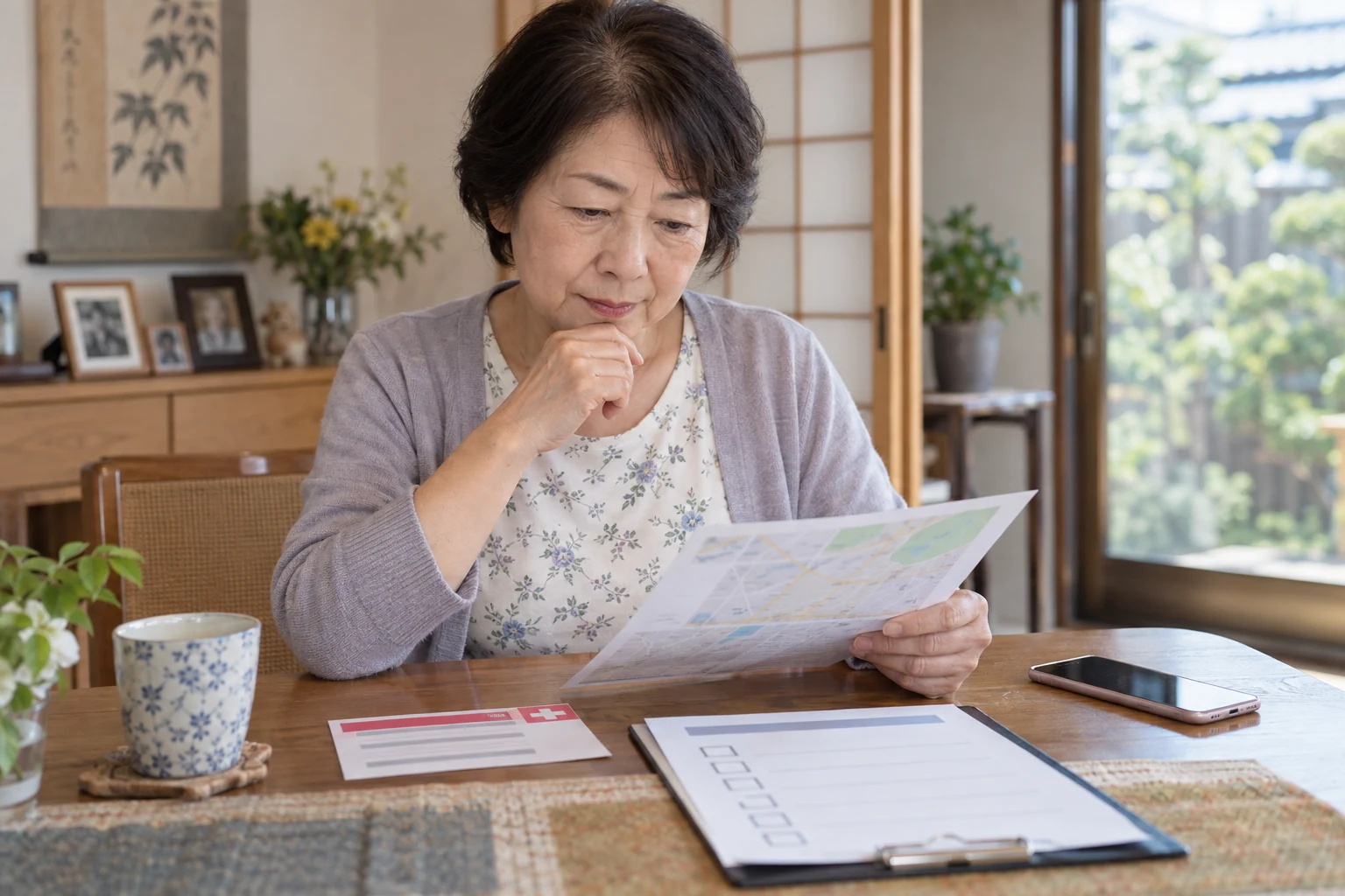 仕事の訪問先と緊急連絡先を確認しているシニア女性