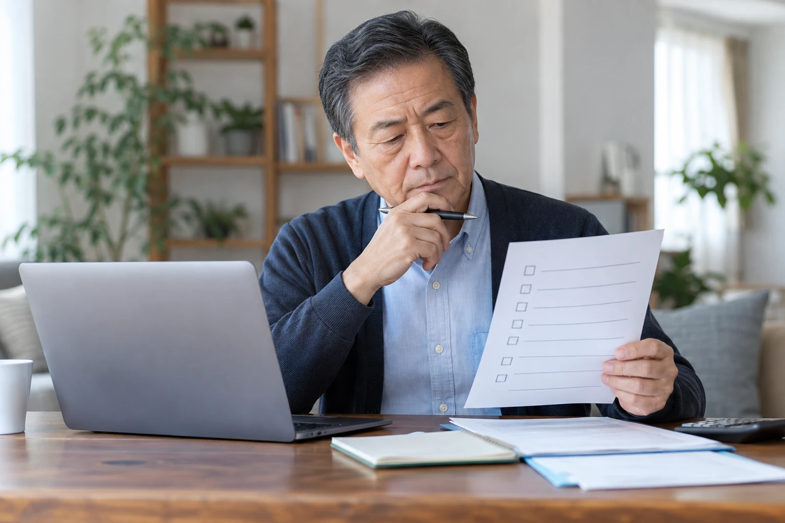 再雇用後の給付制度を確認する日本人男性