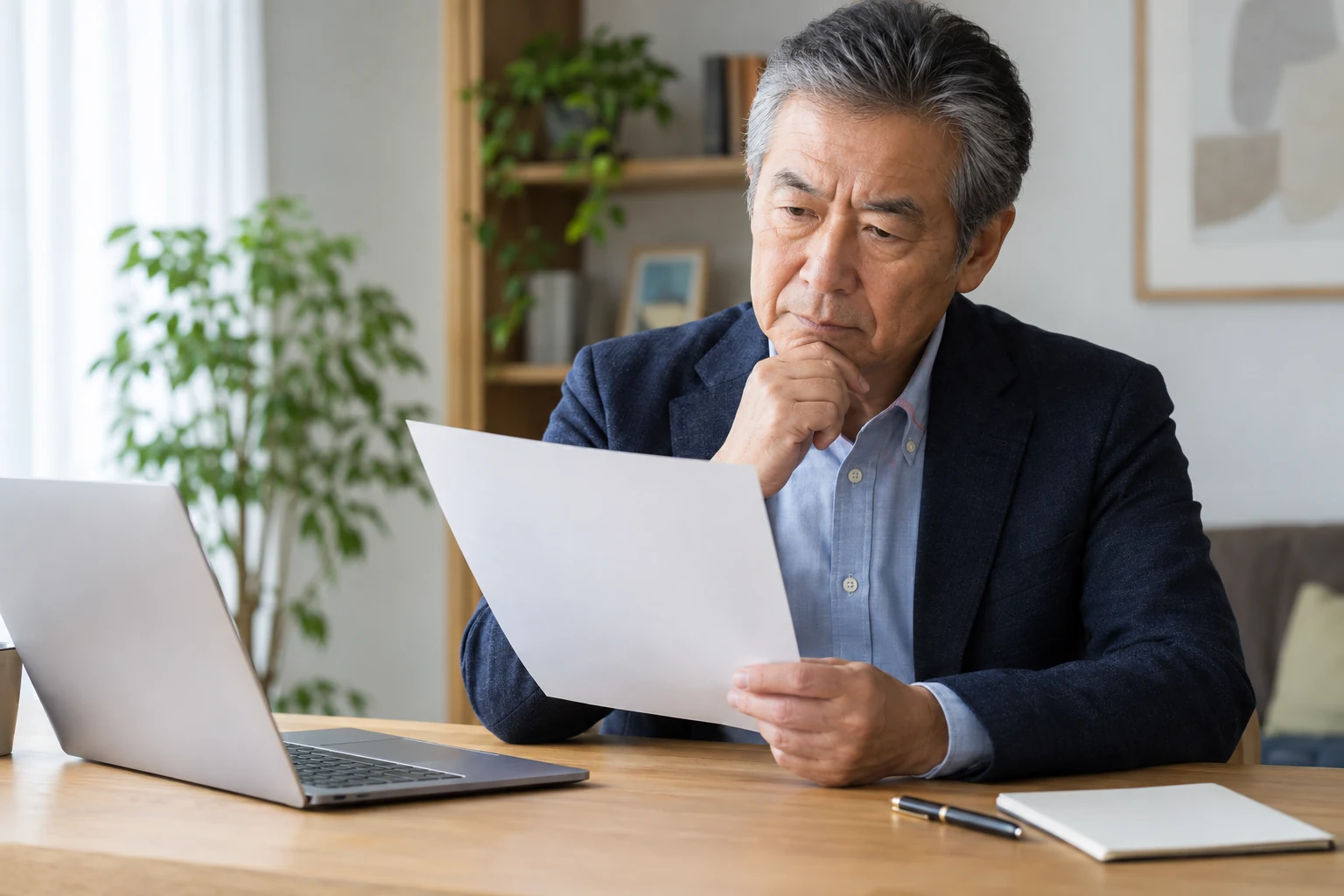 再雇用後の労働条件通知書を確認する日本人男性