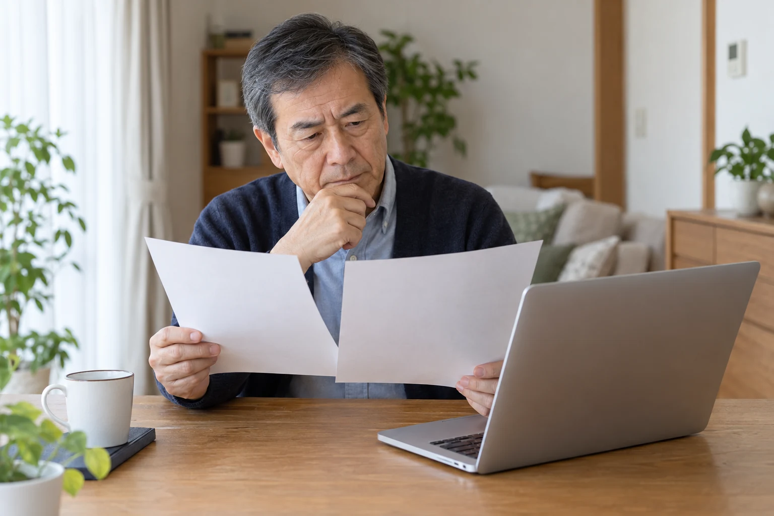 給与と年金の合計を確認する日本人男性