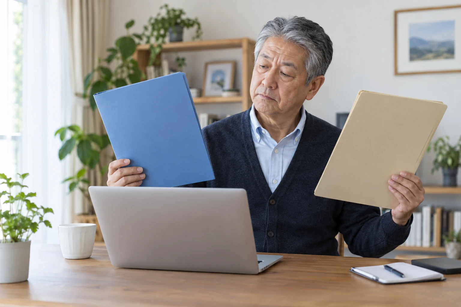 定年前と再雇用後の給与条件を比較する日本人男性