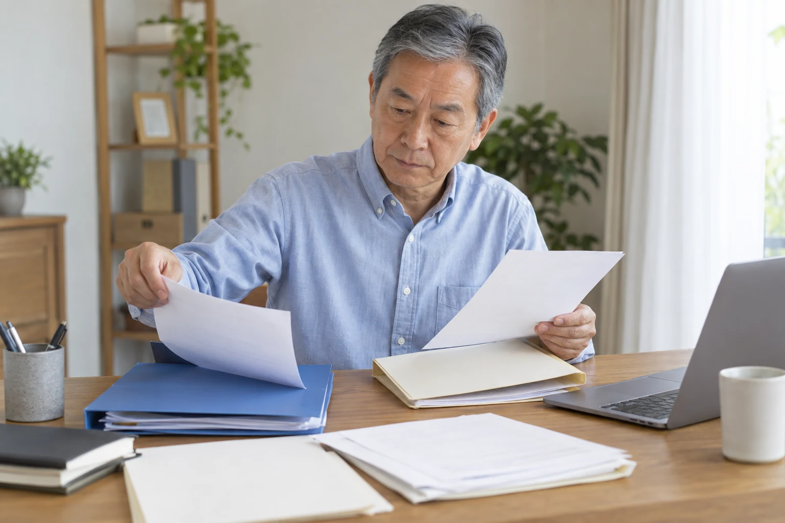 再雇用後の税金と社会保険の書類を確認する日本人男性