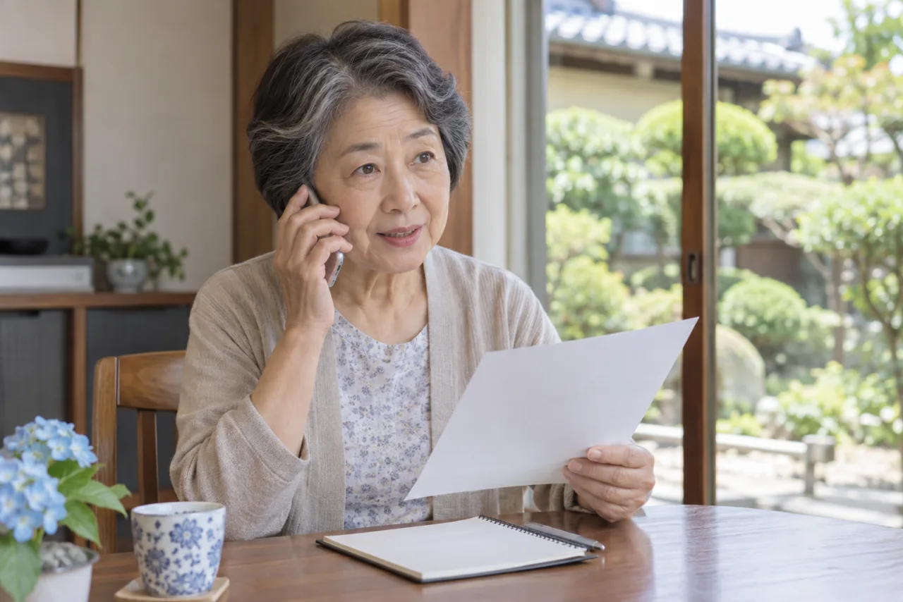 日本人女性が庭仕事の見積もりについて電話で質問している