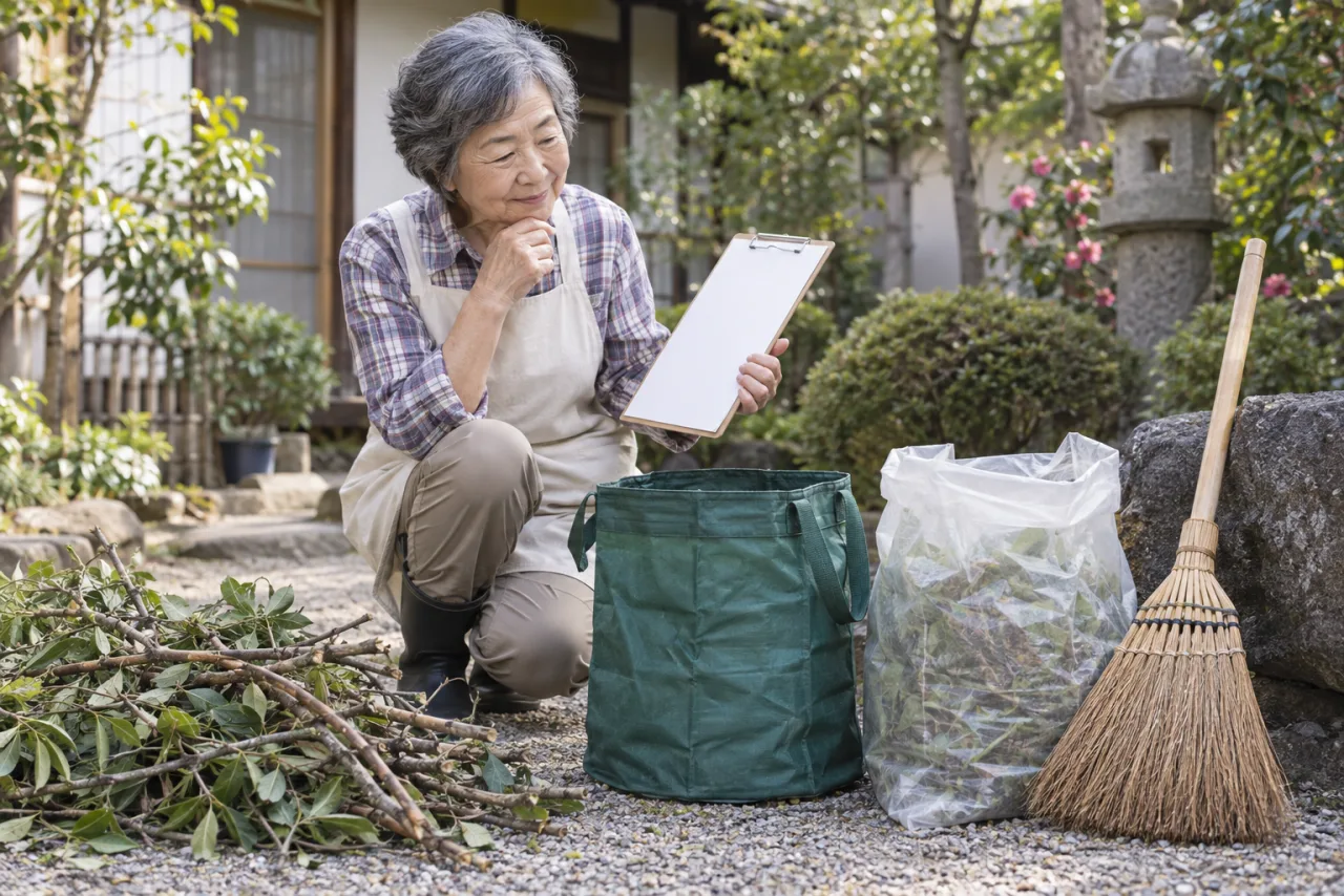 日本人女性が草刈りと剪定と枝葉処分の追加項目を確認している