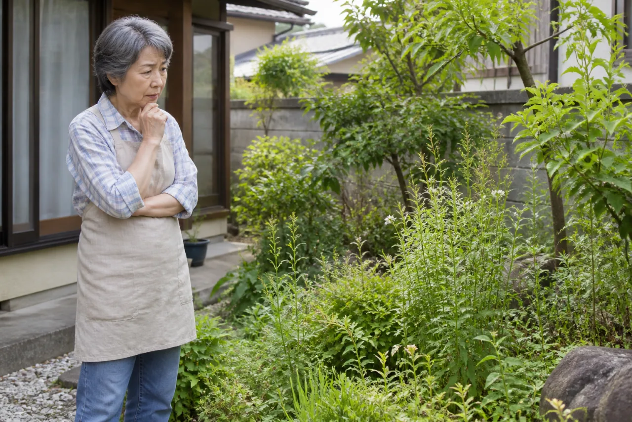 日本人女性が庭の草刈りを依頼したいきっかけを確認している