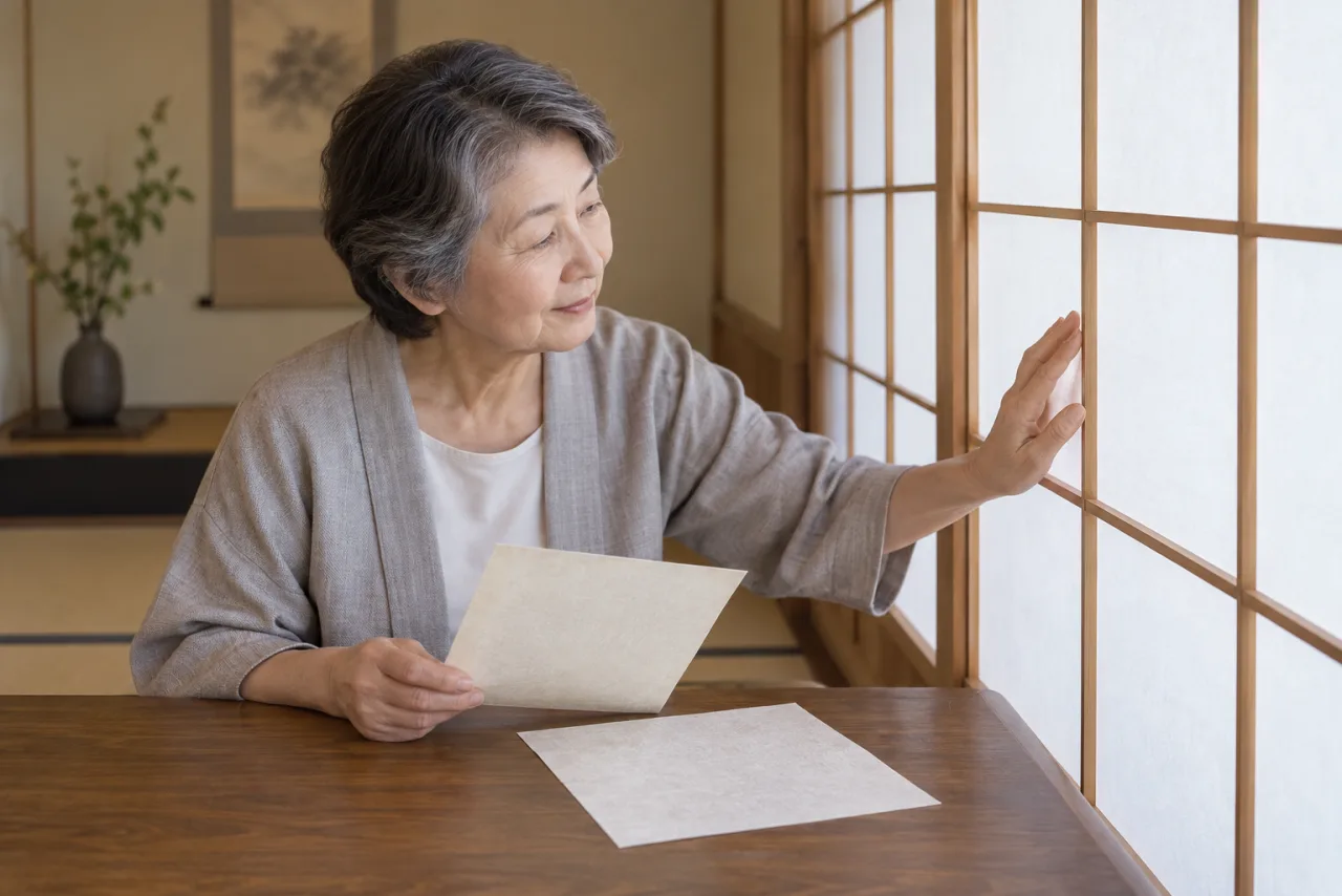 日本人女性が障子の枚数と材料と張り替え条件を確認している