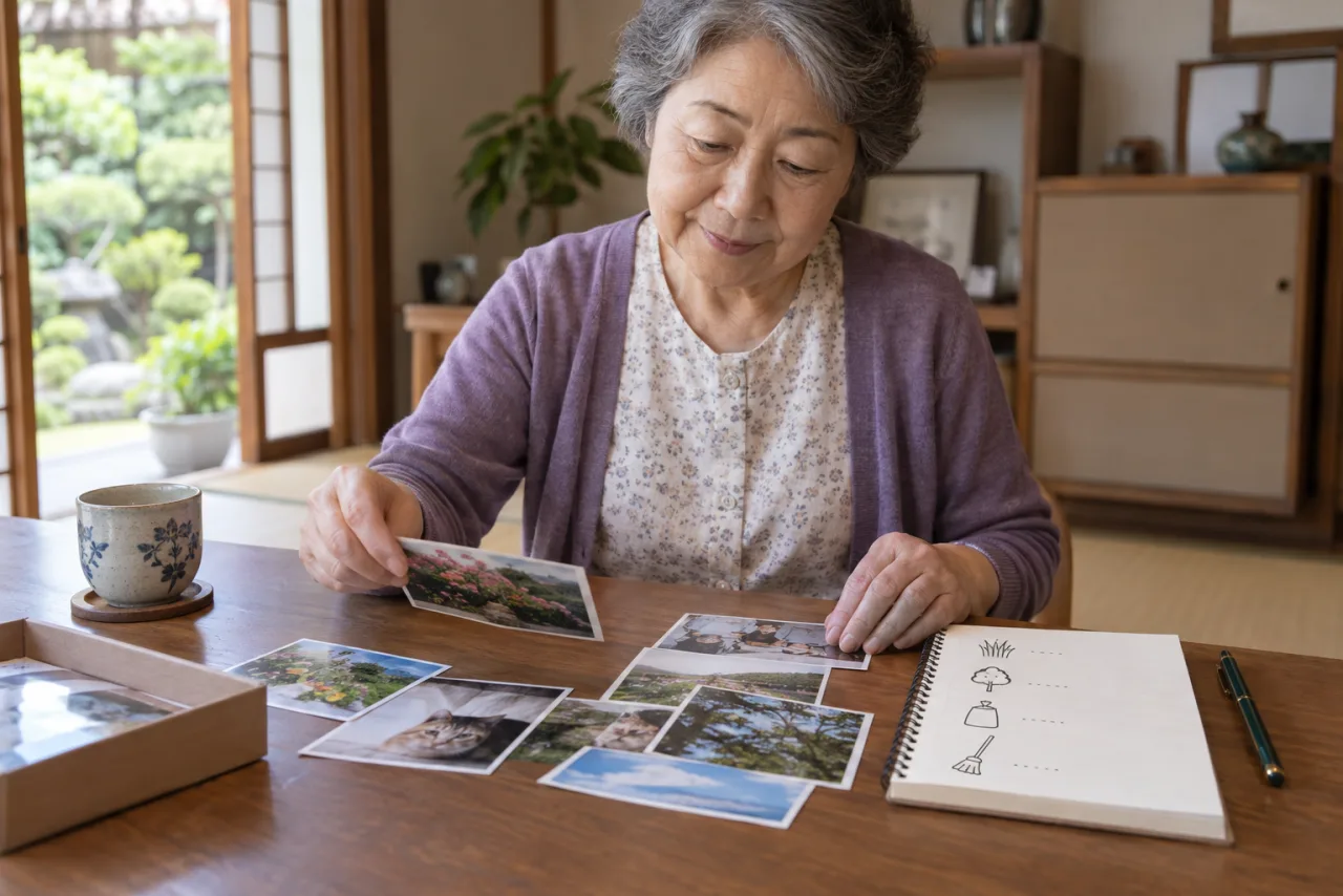 日本人女性が庭の作業範囲を写真とメモで整理している