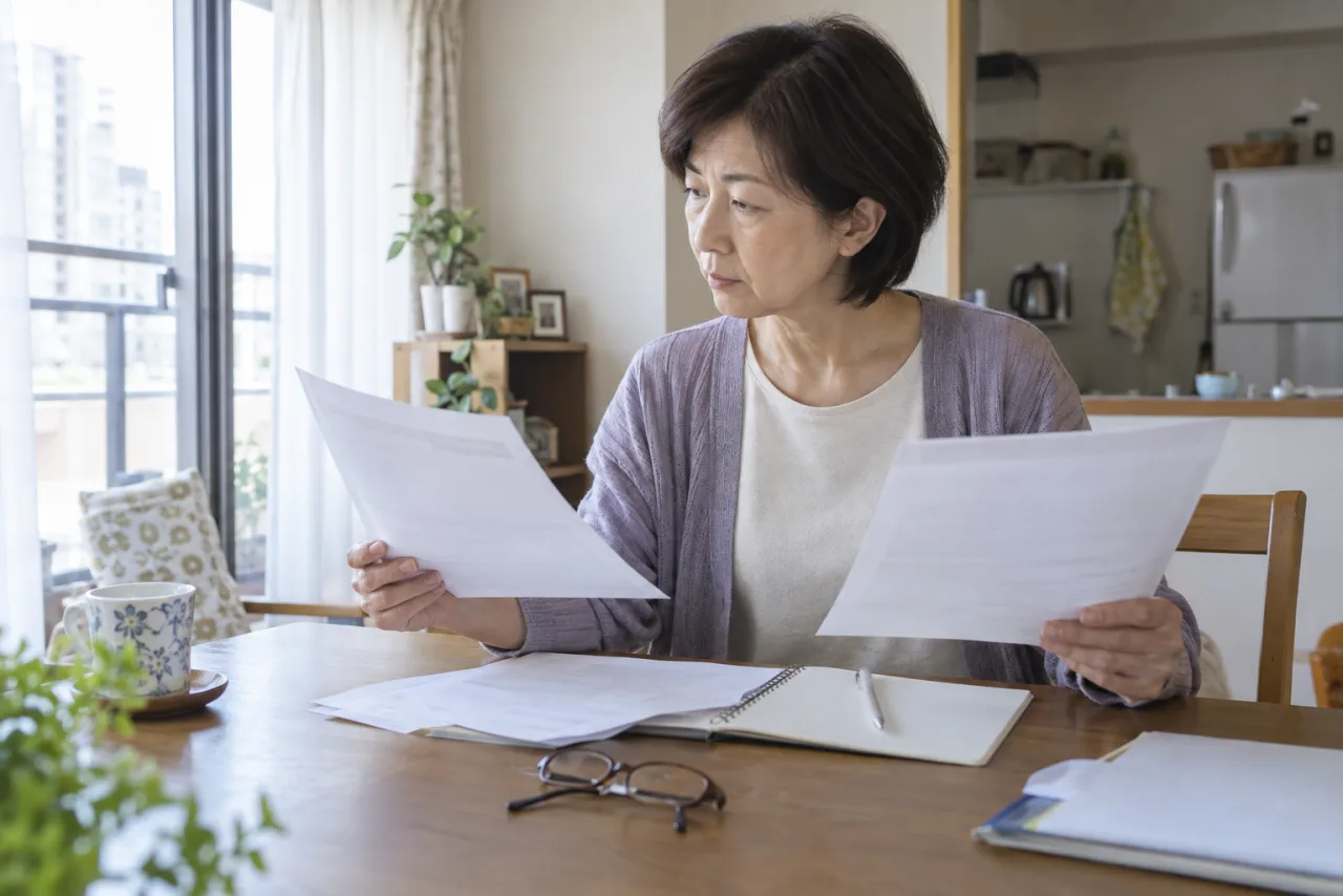 一人暮らしの50代女性が就業規則と労働条件の資料を照合しているイメージ