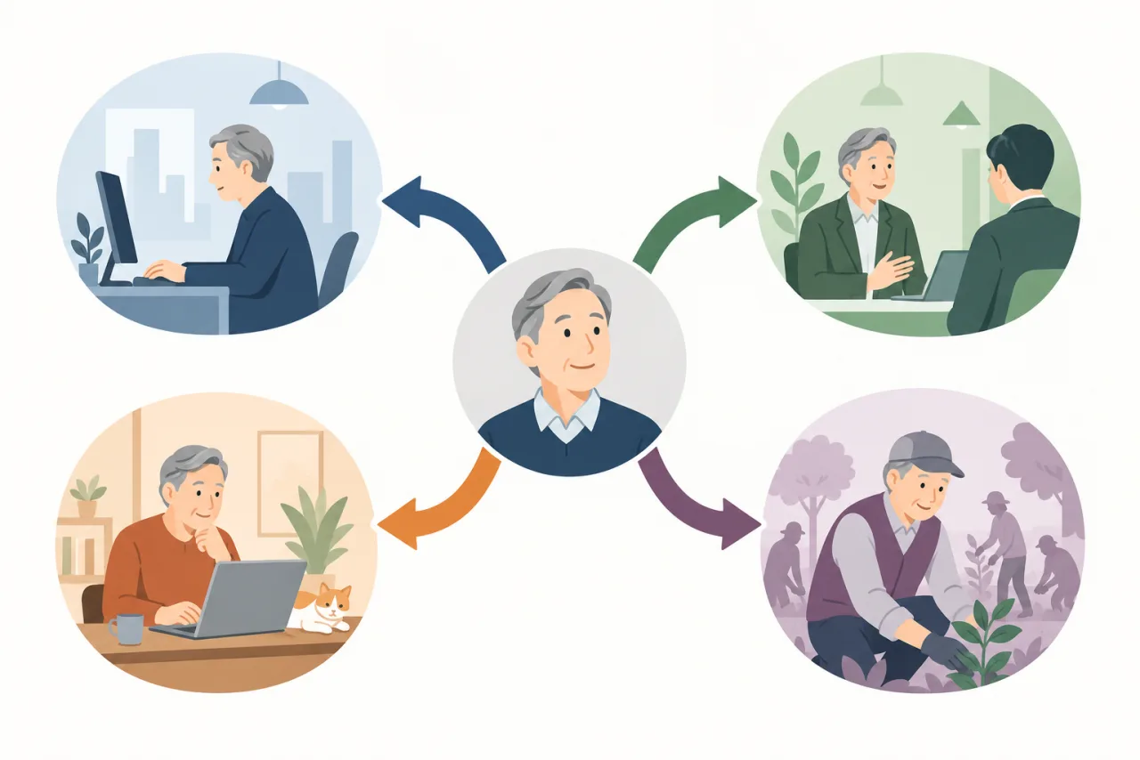 70歳までの就業確保措置として雇用継続、別の雇用先、業務委託、社会貢献を示す分岐図