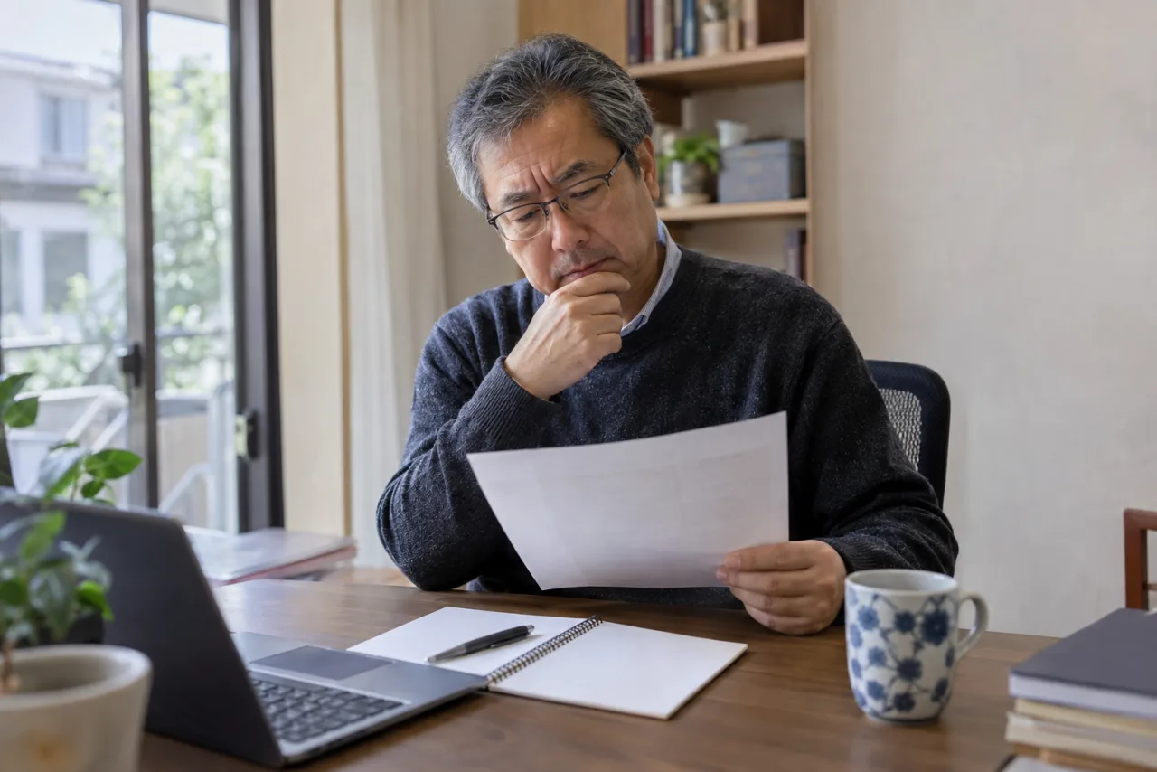 60代の男性が自宅で定年と継続雇用に関する書類を確認している様子