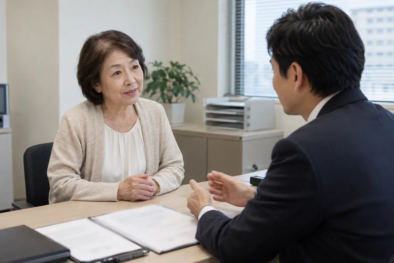 60代の男性が自宅で定年制度の説明書類を読みながら考えている様子