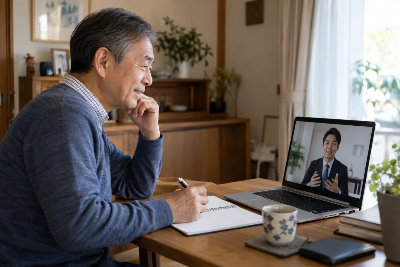 60代の女性が定年後の収入と勤務時間を計算機と書類で確認している様子