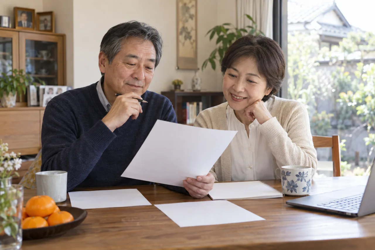 60代の男性と娘が自宅のテーブルで定年後の働き方について話している様子