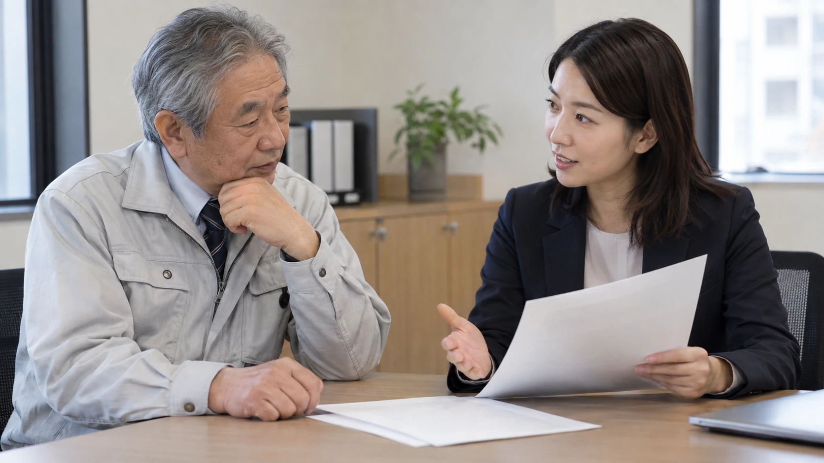 人事担当者に継続雇用を相談する様子