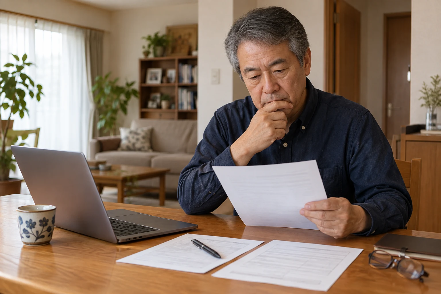 日本人男性が会社の再雇用制度の説明資料を確認する様子