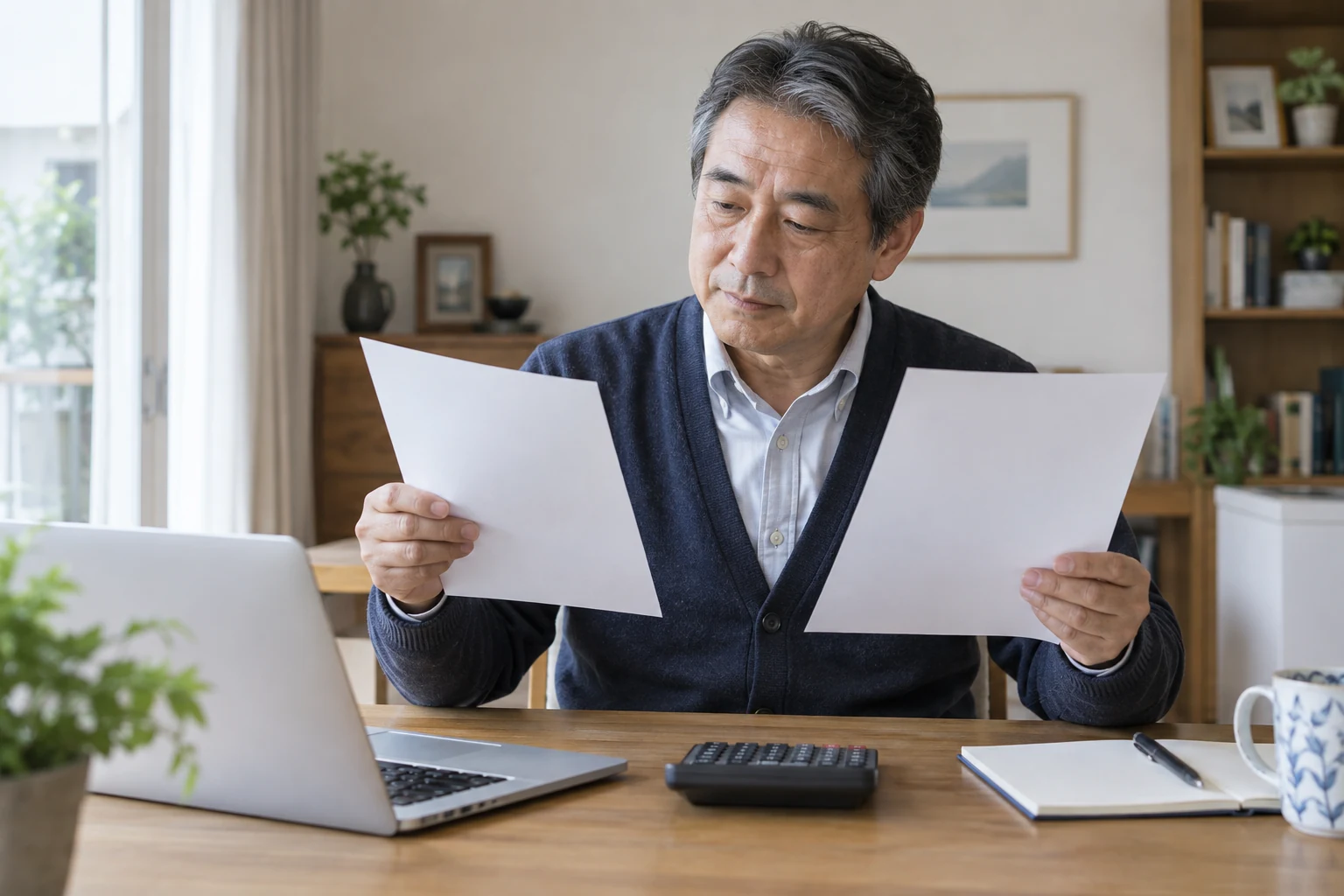日本人男性が定年前と再雇用後の給与条件を比較する様子