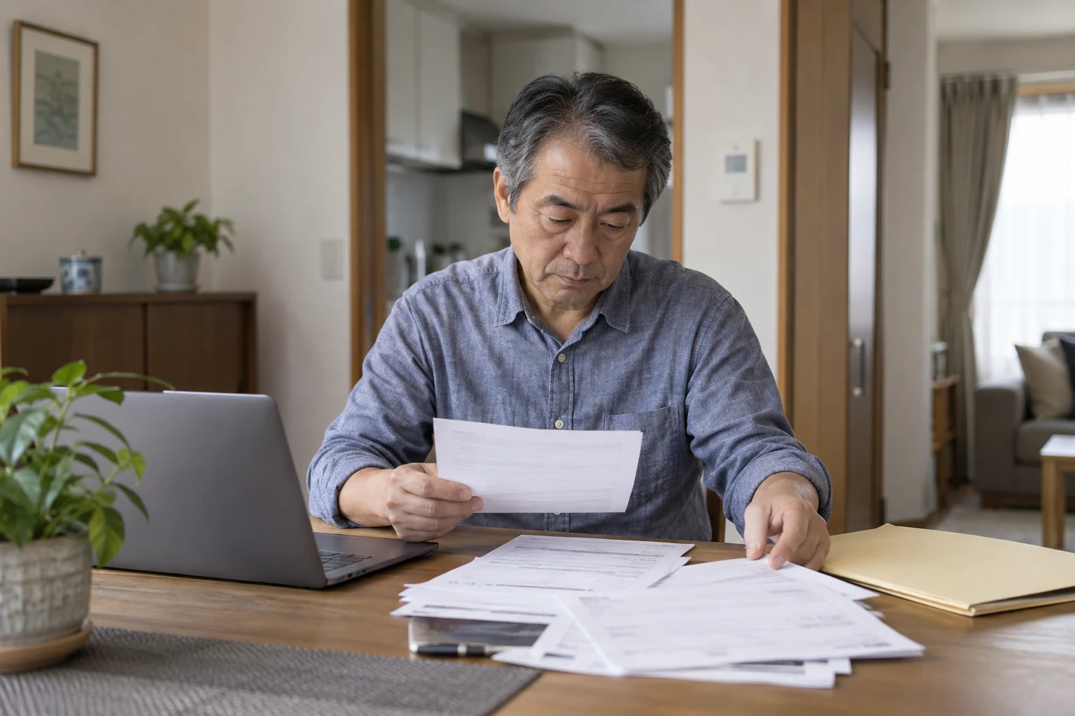 日本人男性が再雇用後の年金と雇用保険の確認項目を整理する様子