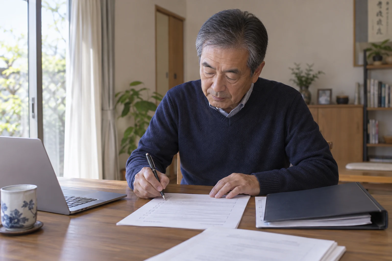 日本人男性が再雇用契約の確認リストを作る様子