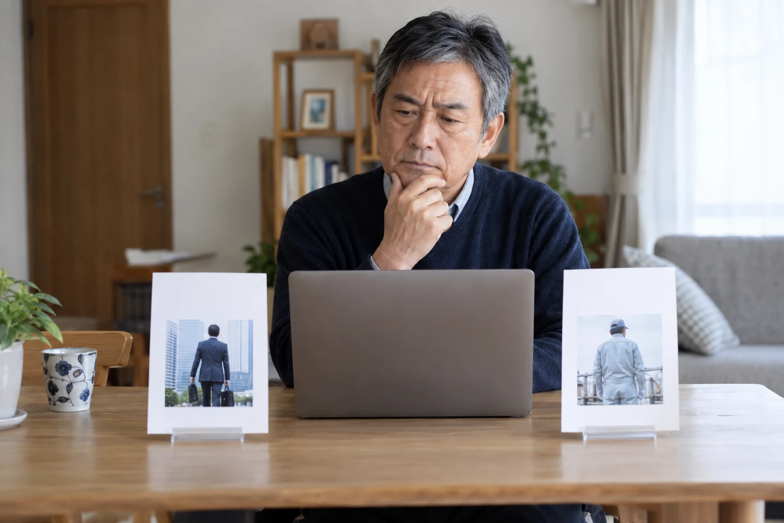 日本人男性が再雇用と別の仕事の働き方を比較する様子