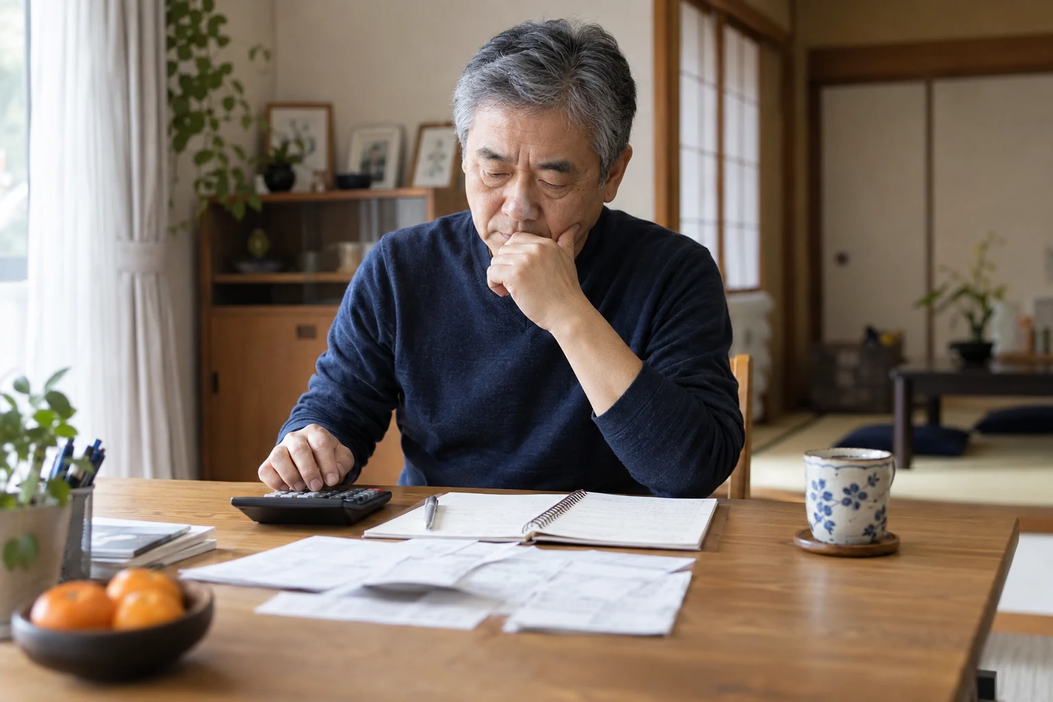 日本人男性が再雇用後の手取りと生活費を計算する様子