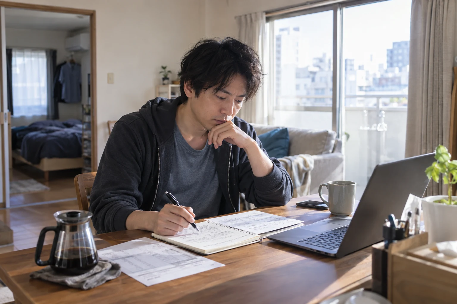 夜勤明けの日本人男性が勤務表と転職条件をノートに整理する様子