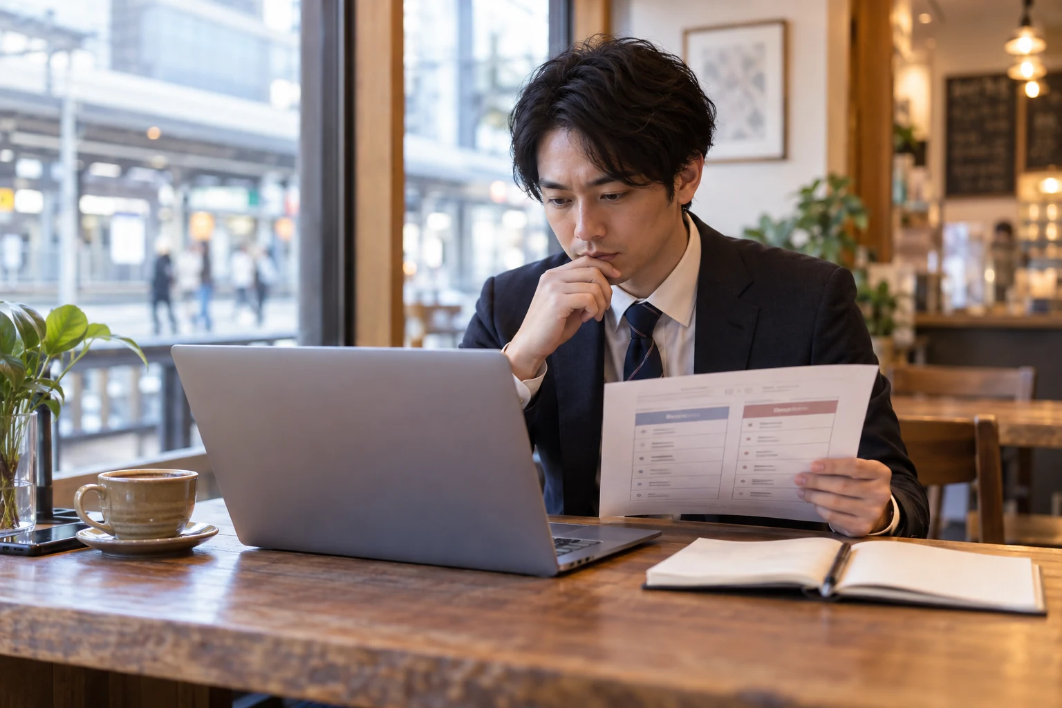 日本人男性が求人票の年収と勤務条件を比較する様子