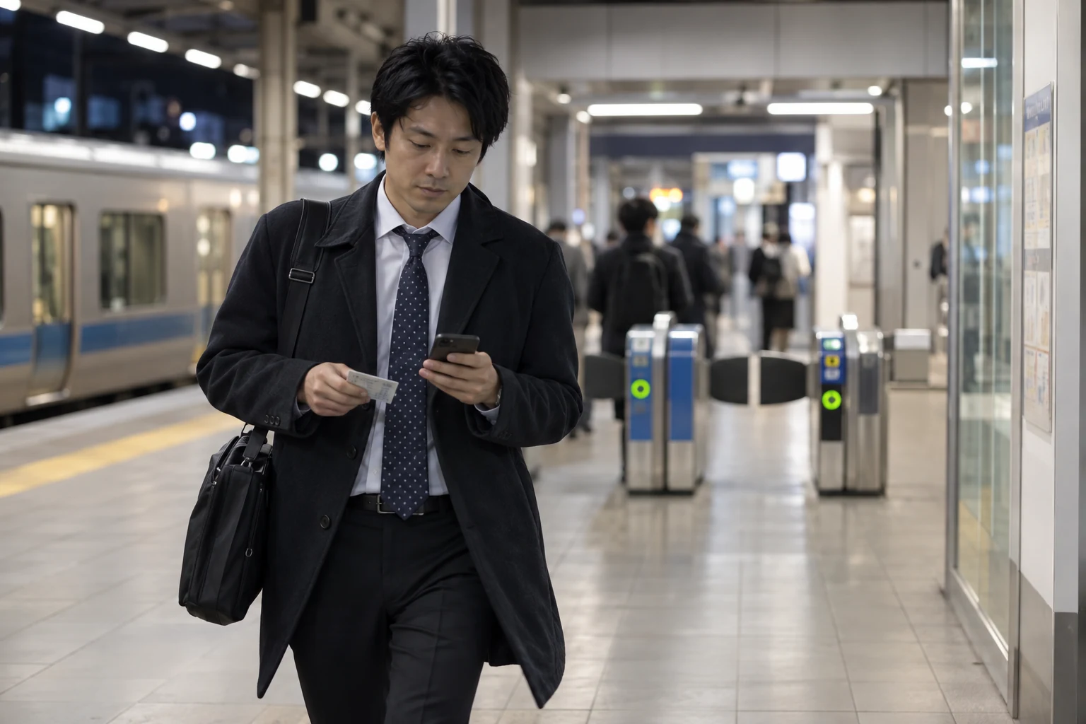 日本人男性が通勤時間と勤務地をスマートフォンで確認する様子