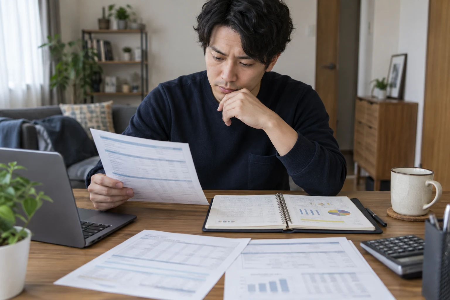 日本人男性が給与明細と家計ノートで転職前後の手取りを比べる様子