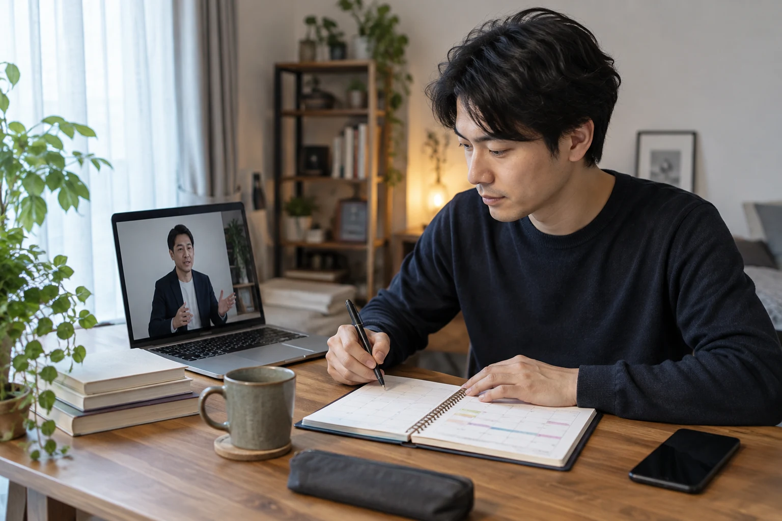 日本人男性がオンライン講座を見ながら学習時間を予定表に組み込む様子