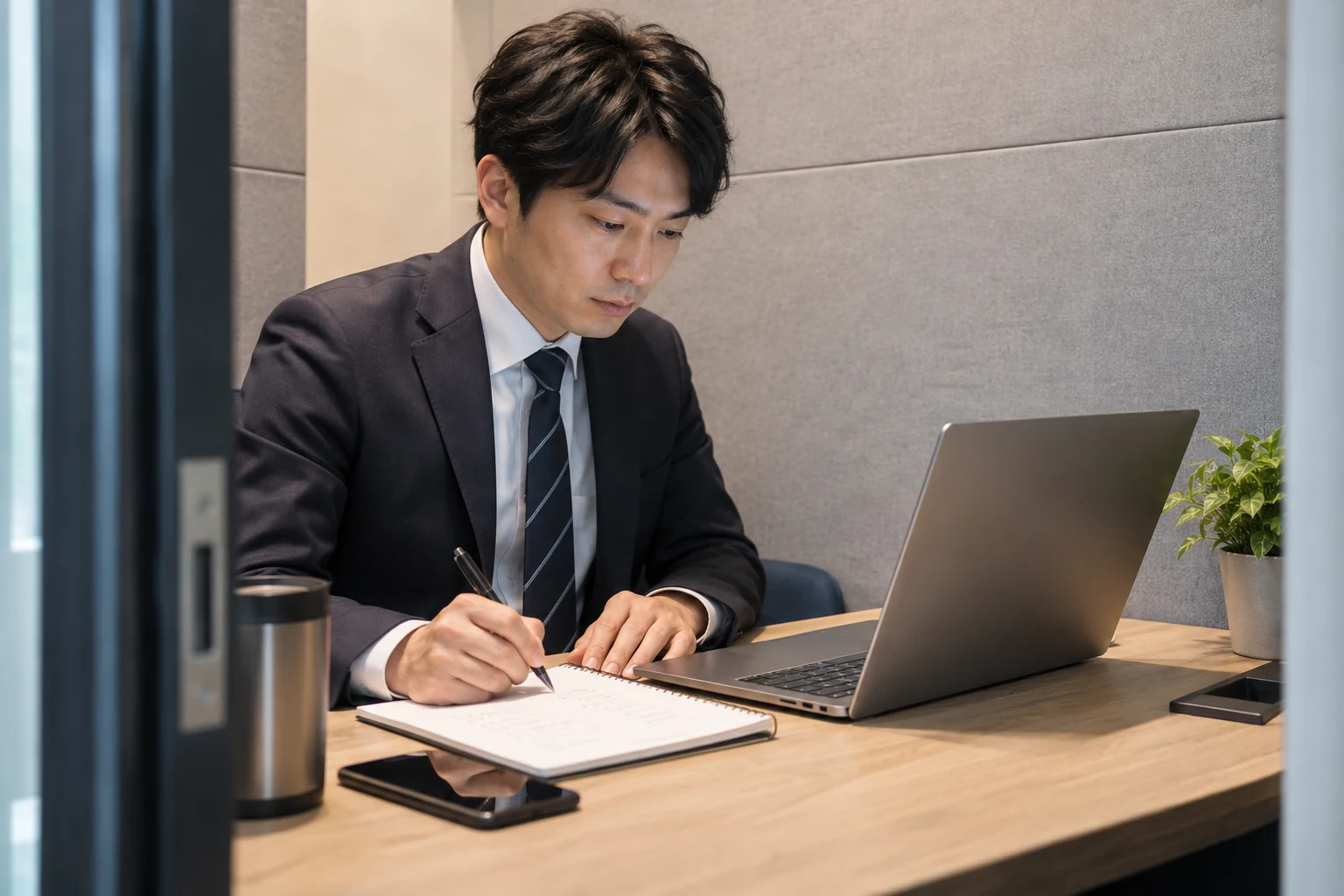 日本人男性が自分で求人条件と労働契約の確認項目を整理する様子