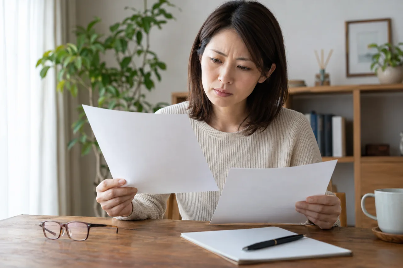 結婚相談所の契約書面と解約条件を確認する日本人女性
